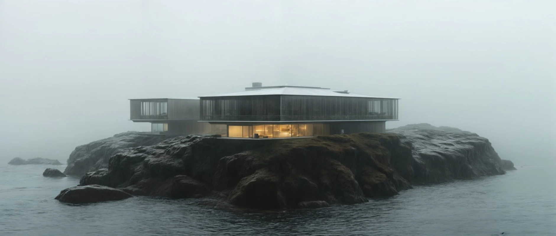 Maison moderne sur une île brumeuse.