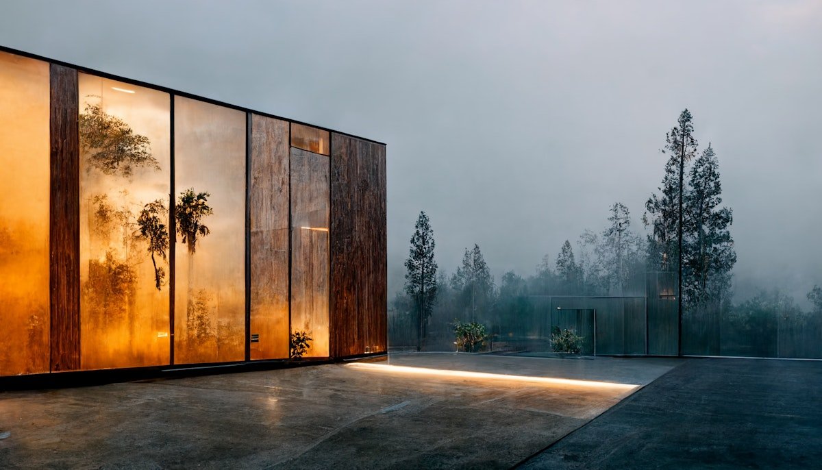 Architecture moderne dans un paysage brumeux